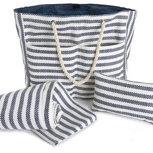 Large beach tote w/ pillow, mat blue/white cotton